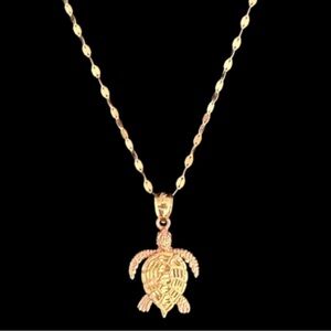 14K Two Tone Gold Diamond Cut Sea Turtle Charm Pendant
